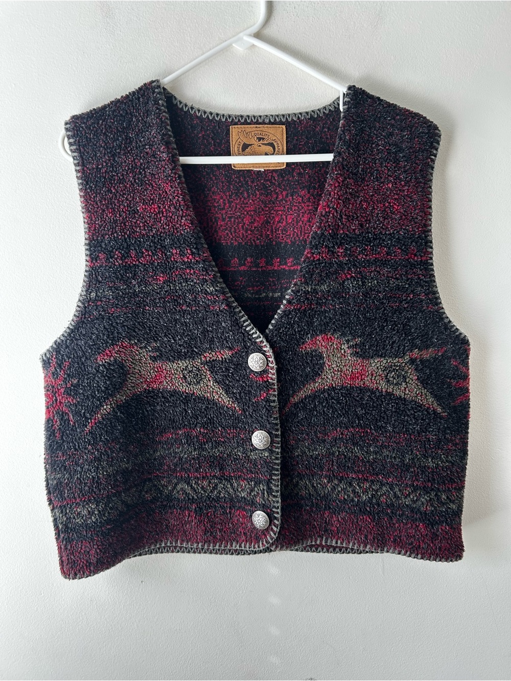 Granola Girl Heritage Vintage Alps Running Deer Fleece Vest Maroon Green L
